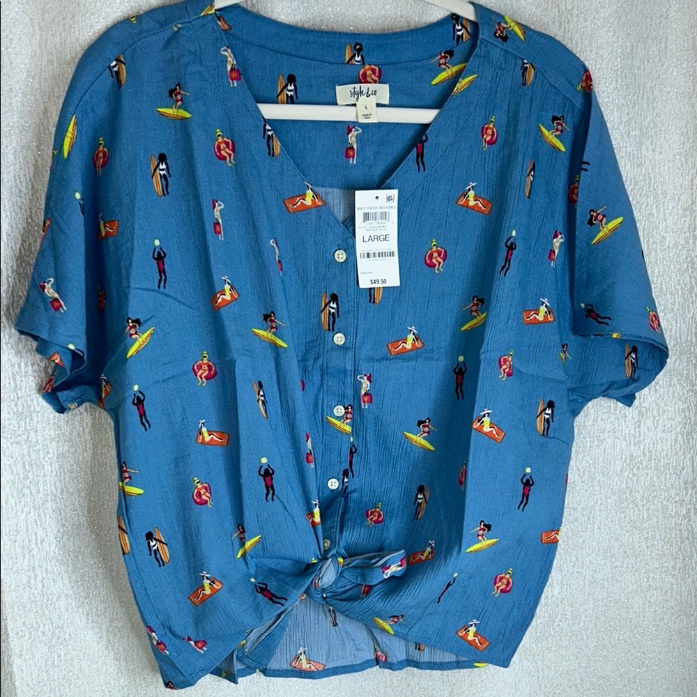 Style & CO Blue Surf Print Button-Up Blouse